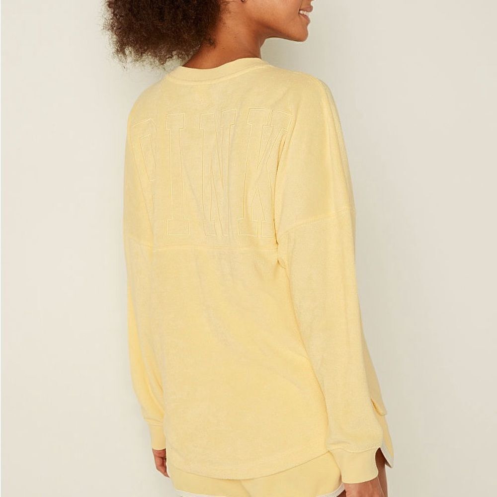 Victoria’s Secret Pink Varsity Terry Cloth V Neck Oversized Pullover Yellow - Picture 4 of 12